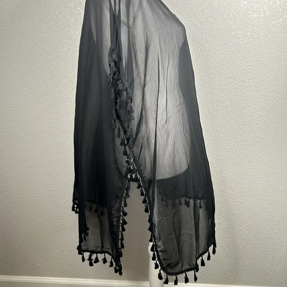 Boho Black Sheer Summer Cover-Up with Ball‎ Tassel Detail One Size New!